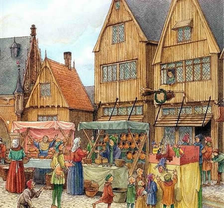 Een markt in de Middeleeuwen. De kinderen vermaken zich bij een poppenspel. Bron: onbekend.
